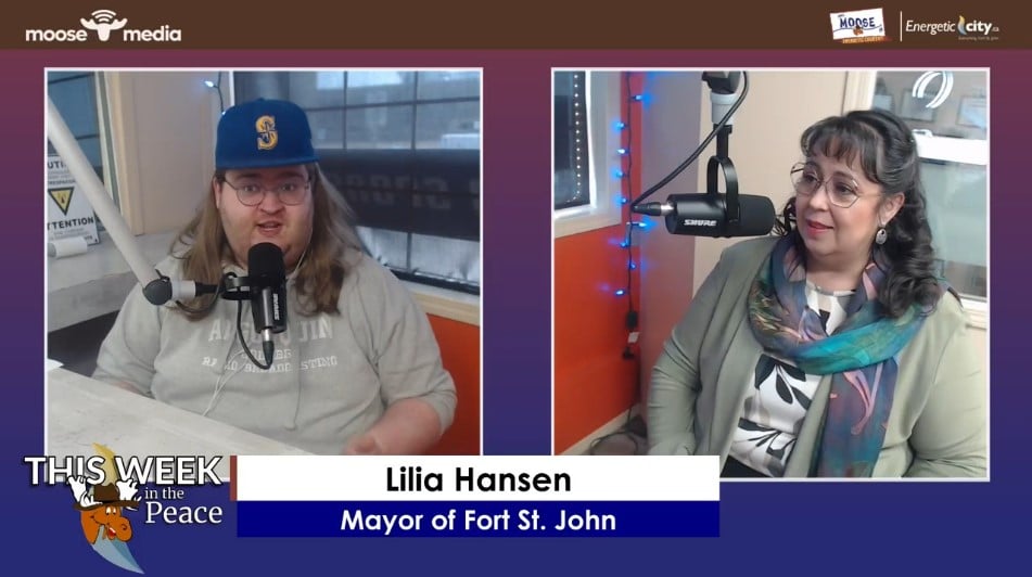 Two people recording a podcast