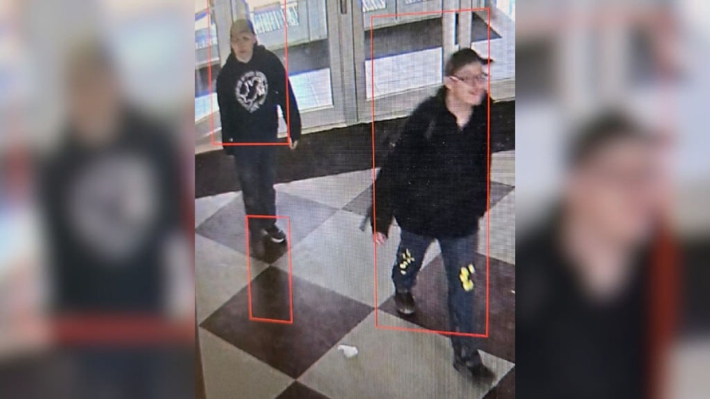 CCTV images of the tow youths Fort St. John are searching for after glass was destoryed at the North Peace Cultural Centre (Fort St. John RCMP)