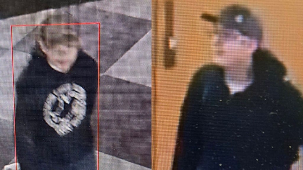 CCTV images of two youths police are searching for after glass from the North Peace Cultural Centre was taken and smashed. 