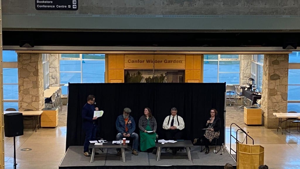 Candidates for the Prince George, Peace River and Northern Rockies riding in Prince George at the University of Northern British Columbia's all-candidates forum for the federal election 2025. Left to right: Conservative Bob Zimmer, the NDP's Cory Longley, the Green's Mary Forbes, the PPC's David Watson, and an event staff member. (Caitlin Coombes/Energeticcity.ca)