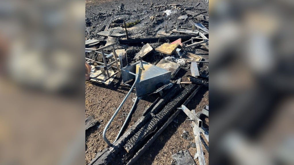 Current image: Picture of the North Peace Minor Baseball league's burned shed and equipment after a fire in April 2025 (North Peace Minor Baseball)