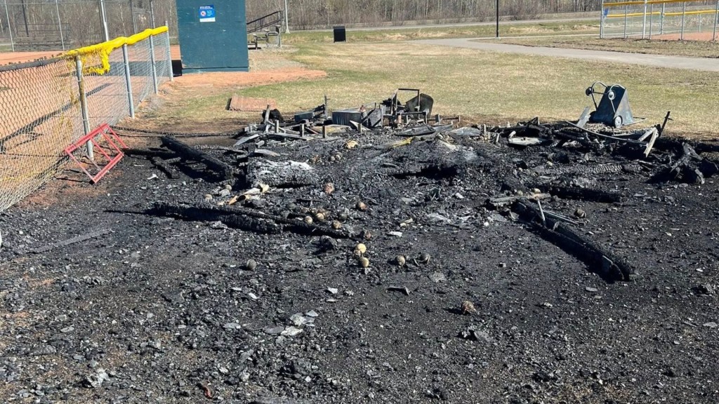 Picture of the North Peace Minor Baseball league's burned shed and equipment after a fire in April 2025 (North Peace Minor Baseball)