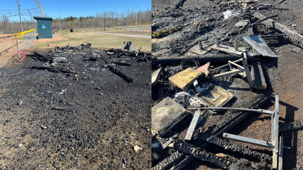 Picture of the North Peace Minor Baseball league's burned shed and equipment after a fire in April 2025 (North Peace Minor Baseball)