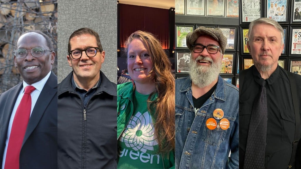 2025 candidates for the Prince George, Peace River, Northern Rockies MP riding. Left to right: Liberal Peter Njenga, Conservative Bob Zimmer, Green Mary Forbes, NDP Cory Longley, and PPC David Watson. (Liberals/Energeticcity.ca