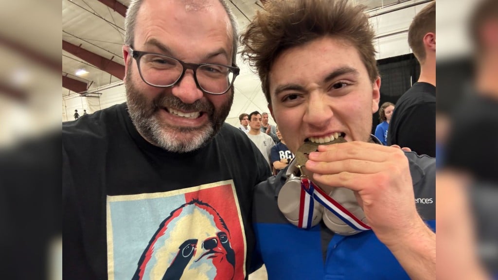 NPSS teacher Brant Churchill and NPSS student Josh Coenders celebrating their success at the provincial competition. (Brant Churchill)