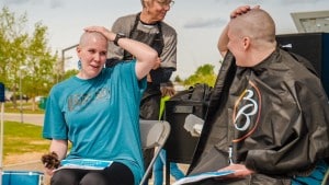 Tanya Boyd and Ayla Malcolm after getting their heads shaved for Bluey Day 2025 (Fort St. John Hospital Foundation)