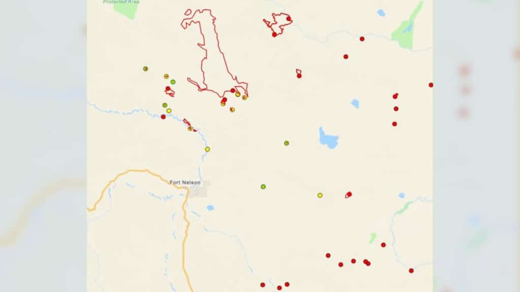 The map BCWS uses to report wildfires - each red dot is a blaze  being tackled. (BCWS)