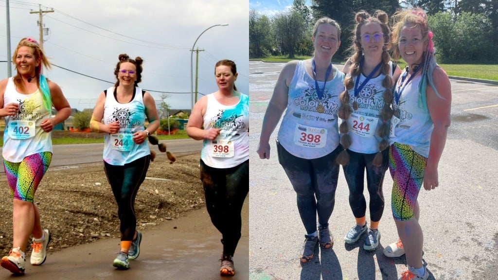 Hudson's Hope's Catherine Herbison (402) and Monicha Stark (244) - both entrants to the costume competition at the Colour Me Rotary Run in Fort St. John on June 1st, 2025 - with their friend Sarah Schnare (398). (Ali Steeves/Franki Berry)