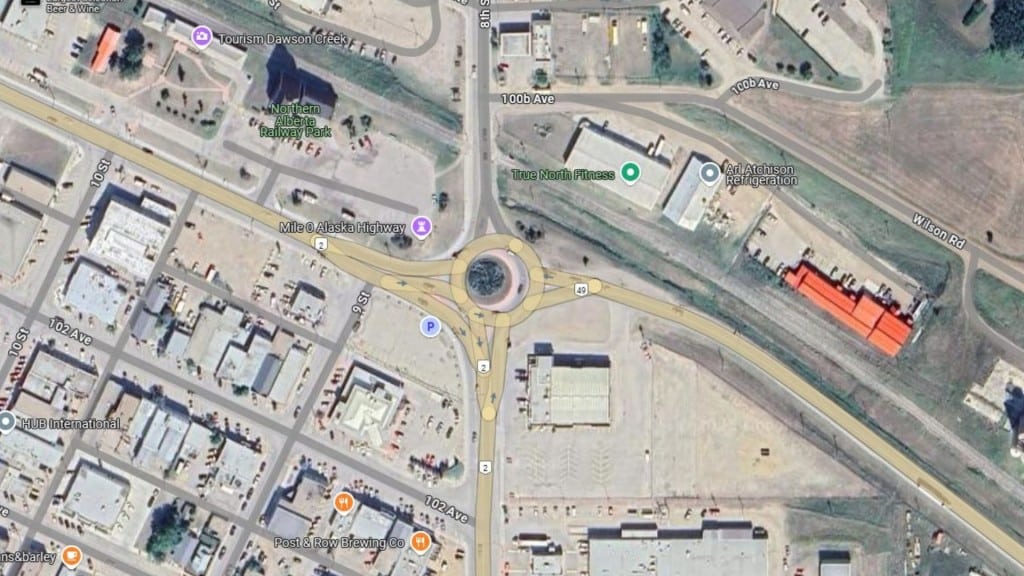 The traffic circle in Dawson Creek which will be closed on June 3rd. (Google Maps)