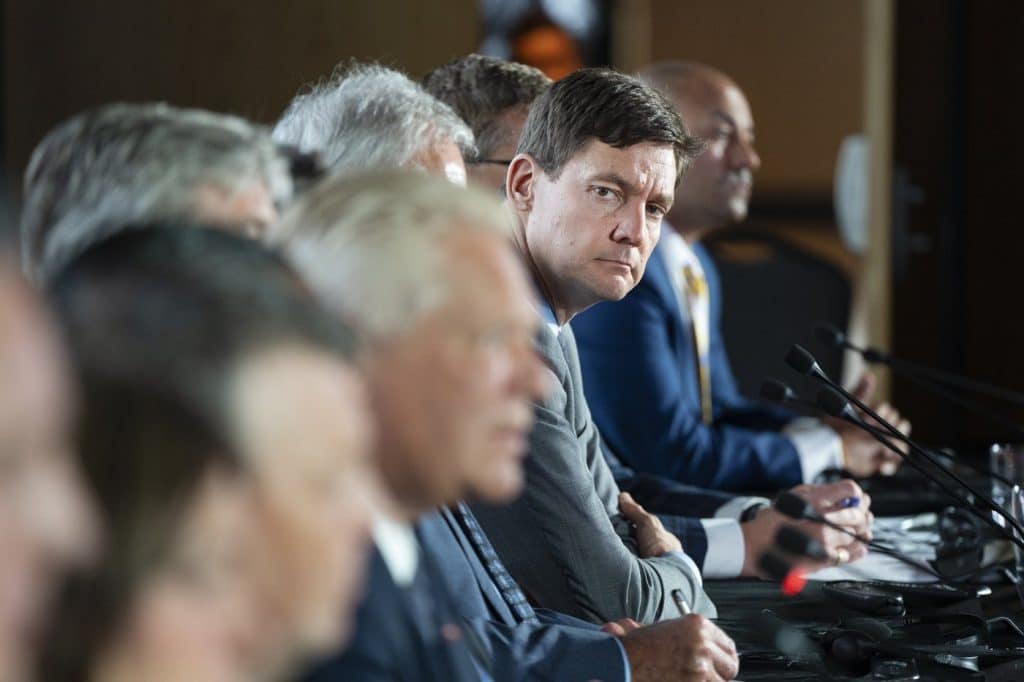 British Columbia Premier David Eby listens as Ontario Premier Doug Ford in Halifax on Wednesday, July 17th, 2024. (THE CANADIAN PRESS/Darren Calabrese)