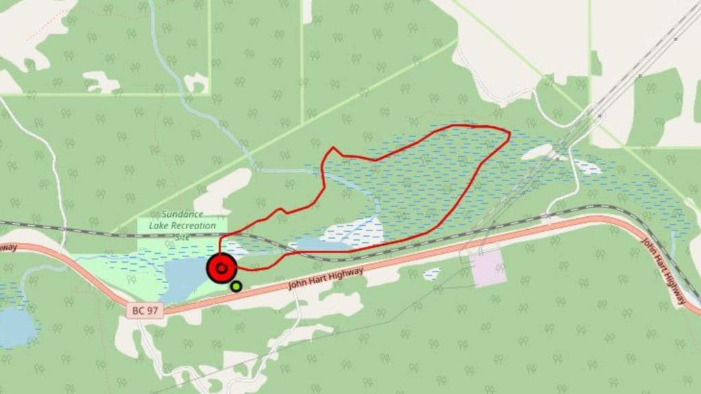 The fire as of June 5th - eight kilometres east of Chetwynd, near Sundance Lake, along Highway 97. (BCWS)