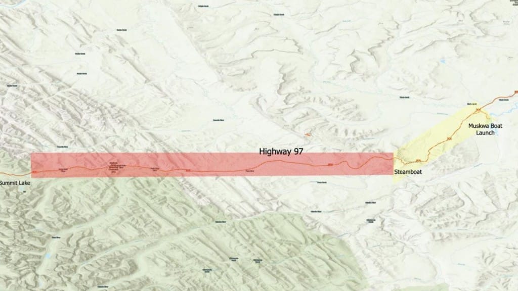The red is under an evacuation order at the yellow is under an evacuation alert due to the Summit Lake wildfire. (NRRM)