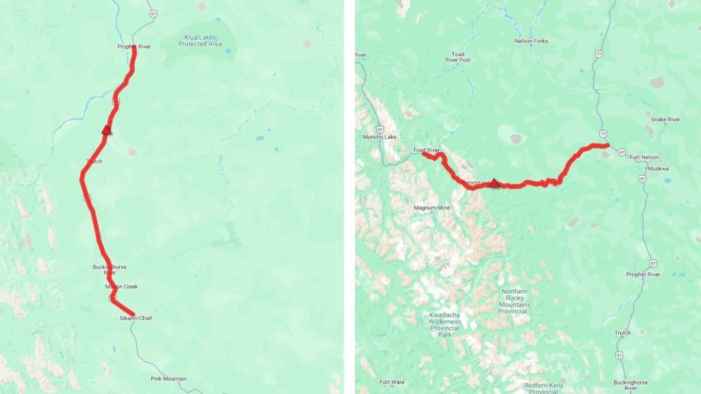 The closures on the Alaska Highway as the BCWS tackles wildfires. Left: The closure due to the Pocket Knife Creek wildfire south of Fort Nelson. Right: The closure due to the Summit Lake fire north of Fort Nelson. (DriveBC) 