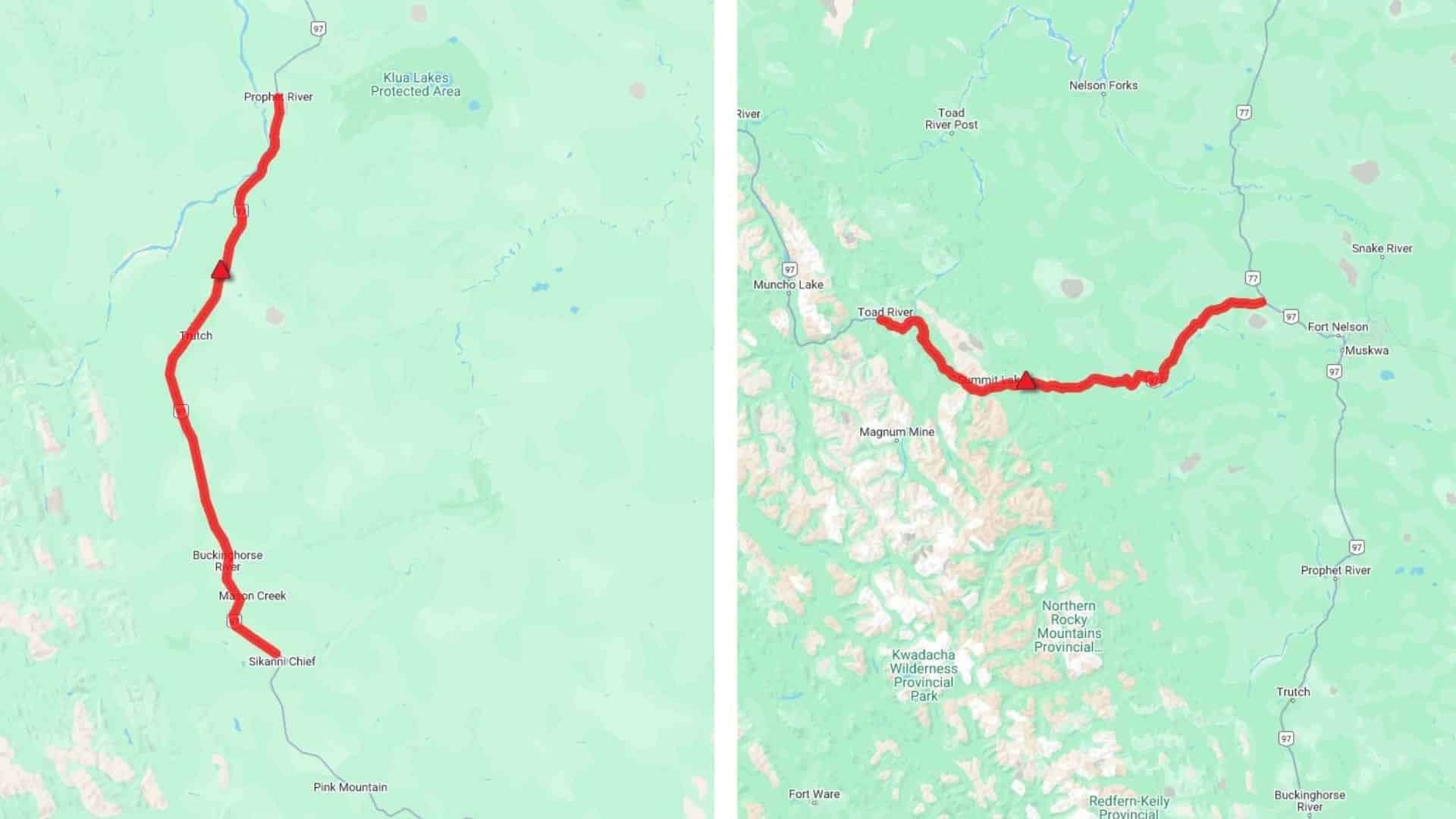 The closures on the Alaska Highway as the BCWS tackles wildfires. Left: The closure due to the Pocket Knife Creek wildfire south of Fort Nelson. Right: The closure due to the Summit Lake fire north of Fort Nelson. (DriveBC)