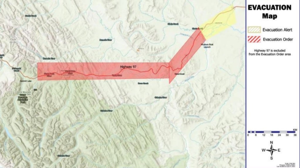 The area under an expended evacuation order in red, and the area where an evacuation alert remains in place in yellow. (NRRM)