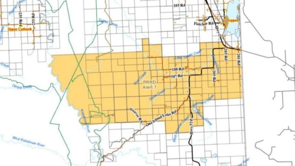 The area covered by the seventh evacuation alert issued by the PRRD because of the Kiskatinaw River wildfire. (PRRD)