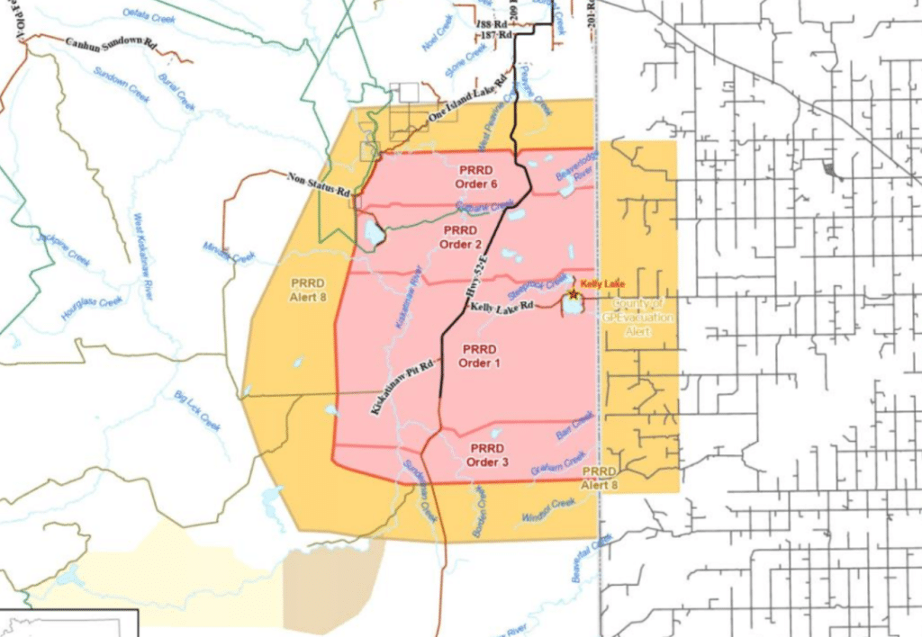 The areas under evacuation orders (red) or alerts (yellow) due to the Kiskatinaw River wildfire. (PRRD)