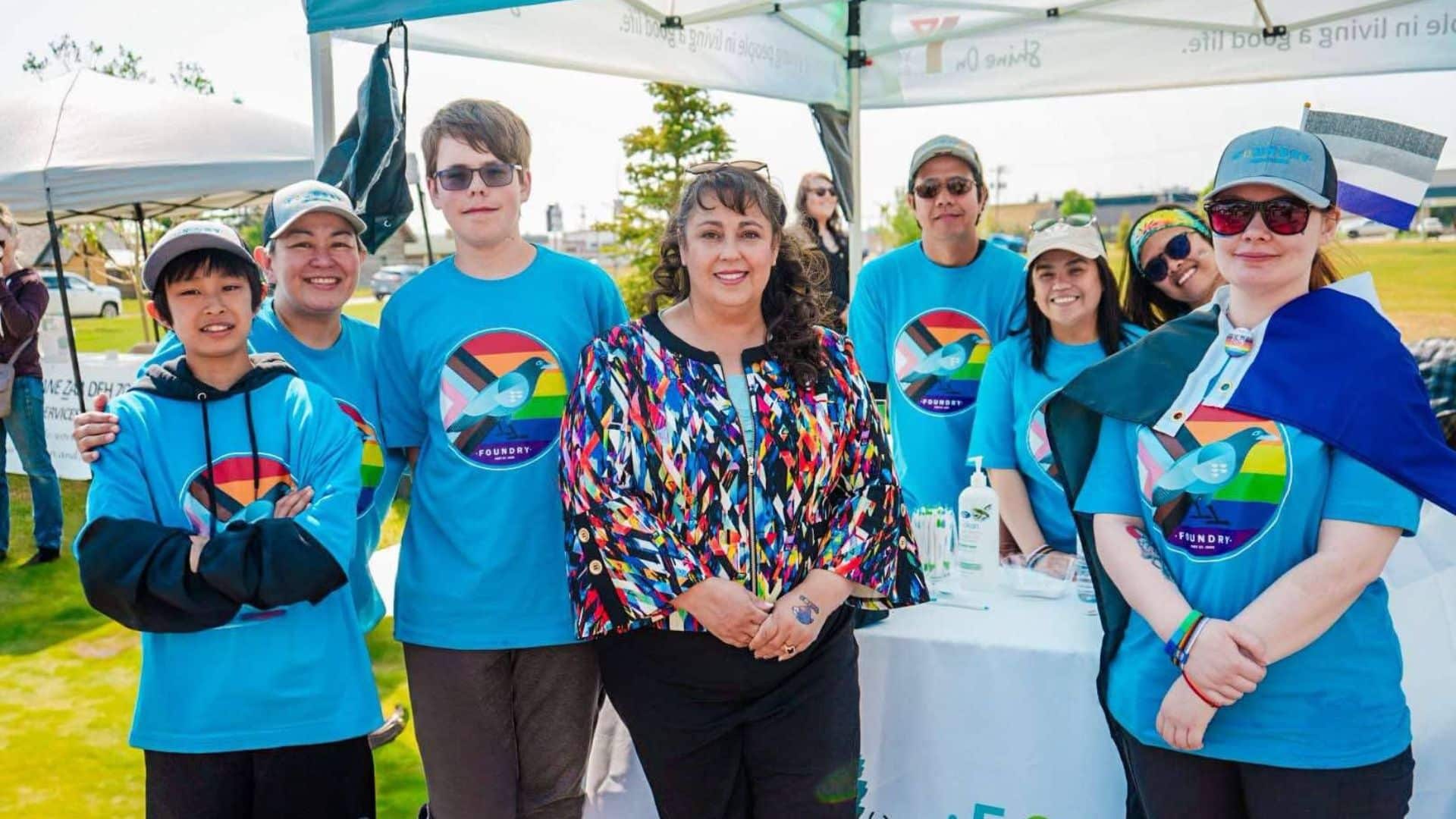 Left to right: Jose Sta Maria, Asuncion Sta Maria, Quentin Spruyt, Mayor Lilia Hansen, Marvin Gozum, Joymay Gozum, Dominique Belo and Cassidy Stewart at Pride Day June 7th, 2025. (EA Photography)