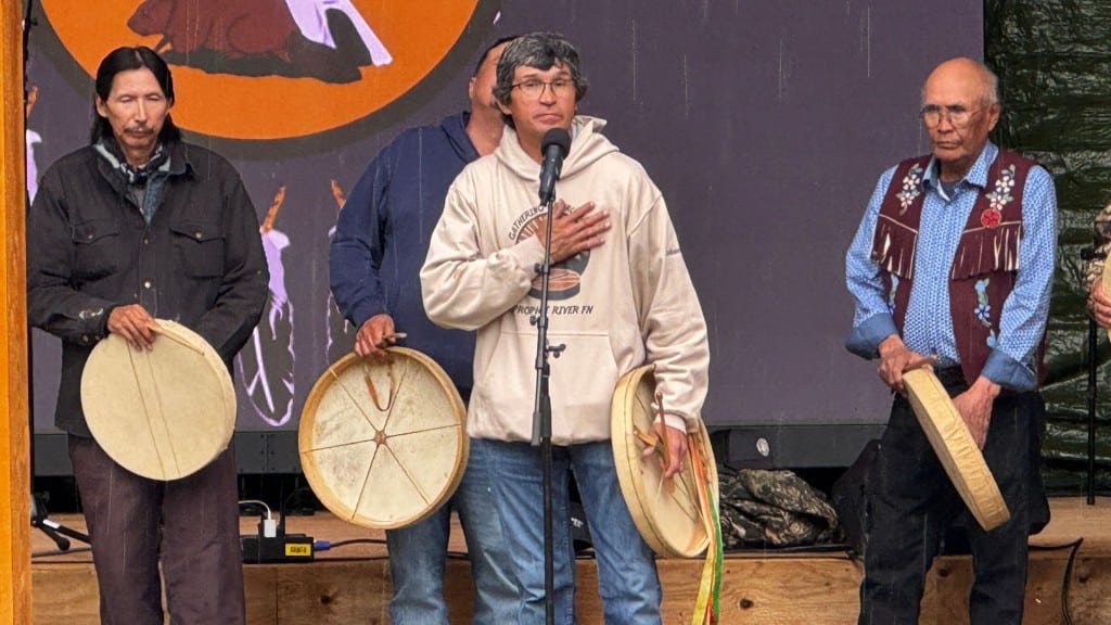 Meander River drummers opened Arbor Days 2025 at Halfway River First Nation. (Ed Hitchins, Energeticcity.ca)
