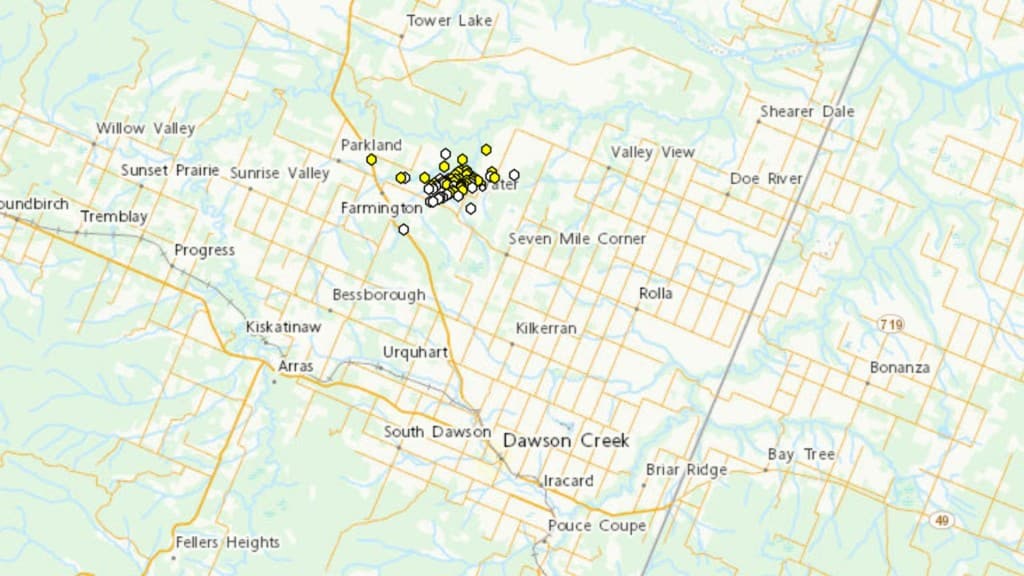 Map depicting earthquakes near Dawson Creek