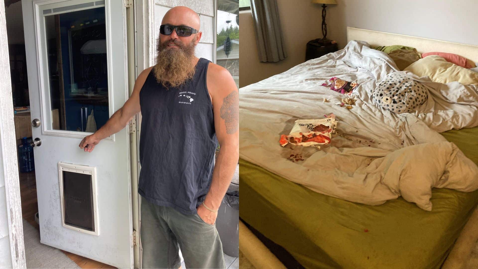 Left: Brandon Halvorson next to his dog door, where the bear broke into his home. Right: Brandon Halvorson's bed, where the bear ate his food. (Submitted)