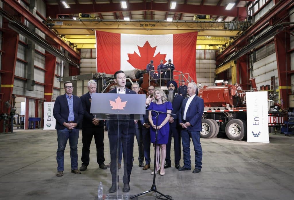 Poilievre speaking at a news conference to announce that the opposition Conservatives will introduce a bill in Parliament called the Canadian Sovereignty Act. (THE CANADIAN PRESS/Jeff McIntosh)