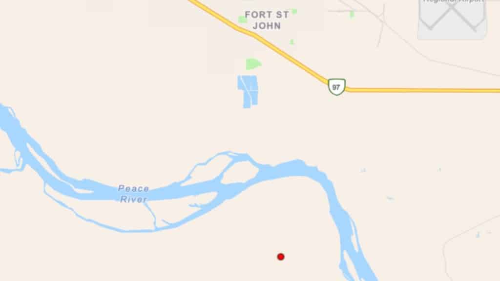 The red dot signifies where BCWS has pinpointed the wildfire near Fort St. John. (BCWS)
