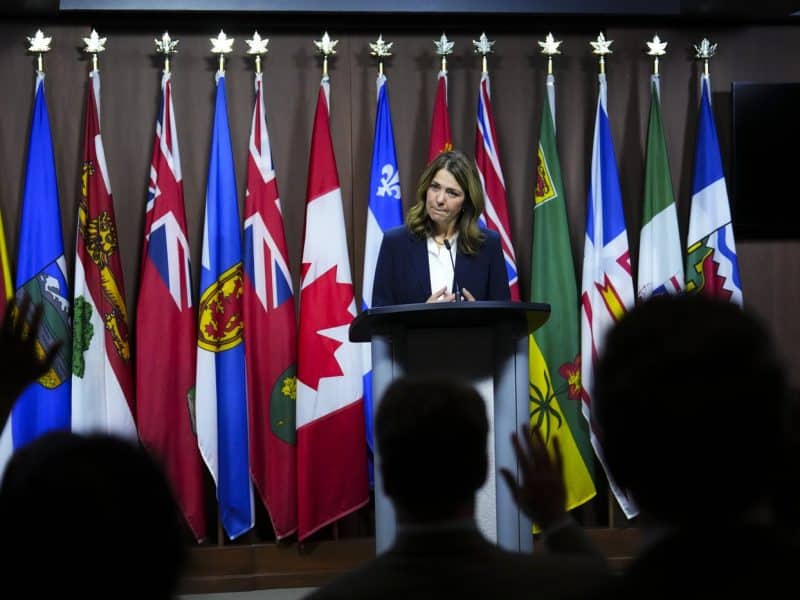 Alberta Premier Danielle Smith holds a press conference on Parliament Hill in Ottawa on Tuesday, October 7th, 2025. (THE CANADIAN PRESS/Sean Kilpatrick)