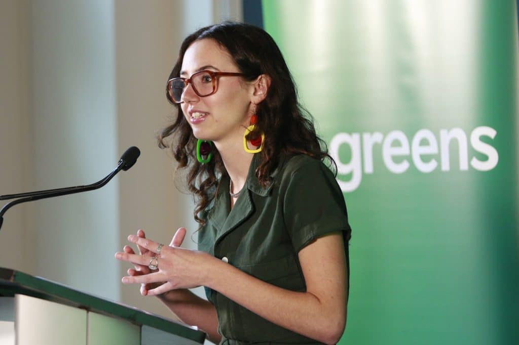 Emily Lowan delivers a speech after being voted in as the new B.C. Green Party leader on Wednesday, September 24th, 2025. (THE CANADIAN PRESS/Chad Hipolito)