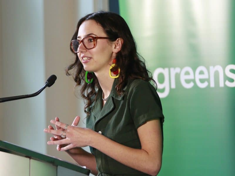 Emily Lowan delivers a speech after being voted in as the new B.C. Green Party leader on Wednesday, September 24th, 2025. (THE CANADIAN PRESS/Chad Hipolito)