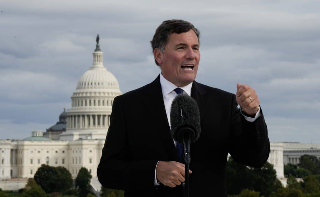 Dominic LeBlanc, president of the King’s Privy Council for Canada and minister responsible for Canada-U.S. Trade, intergovernmental affairs, internal trade and one Canadian economy, speaks with reporters at the Canadian Embassy in Washington, D.C., Tuesday, October 7th, 2025. (THE CANADIAN PRESS/Adrian Wyld)