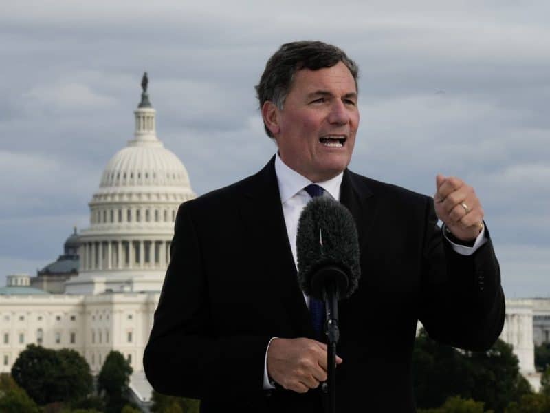 Dominic LeBlanc, president of the King’s Privy Council for Canada and minister responsible for Canada-U.S. Trade, intergovernmental affairs, internal trade and one Canadian economy, speaks with reporters at the Canadian Embassy in Washington, D.C., Tuesday, October 7th, 2025. (THE CANADIAN PRESS/Adrian Wyld)