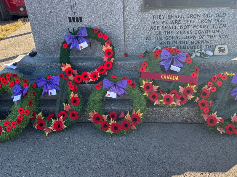 Wreaths laid at the Fort St. John cenotaph for Remembrance Day 2025. (Franki Berry, Energeticcity.ca)