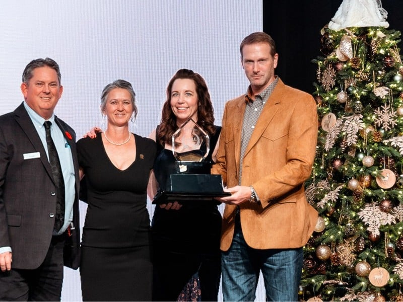 Left to right: Foundation board member Jim Reeder, executive director Kelly Amboe and Jenelle and Mat Loewen of Mustang Rentals with the Corporate Acts of Responsibility and Excellence (CARE) Award at the Be an Angel Gala in 2025.(Becky Newsham/Rundown Ranchography)