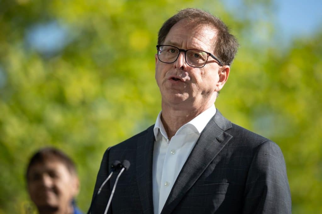 B.C. minister of energy and climate solutions Adrian Dix speaks during a press conference in Vancouver, B.C. on Monday, July 28th, 2025. (THE CANADIAN PRESS/Ethan Cairns)