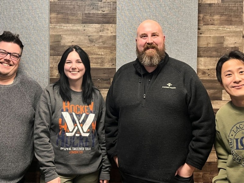 Left to right: program director and afternoon host Chris Walker, morning show co-hosts Emma Foose and Dub Craig, and midday host Bernard Conner-Suen. (Moose Media)