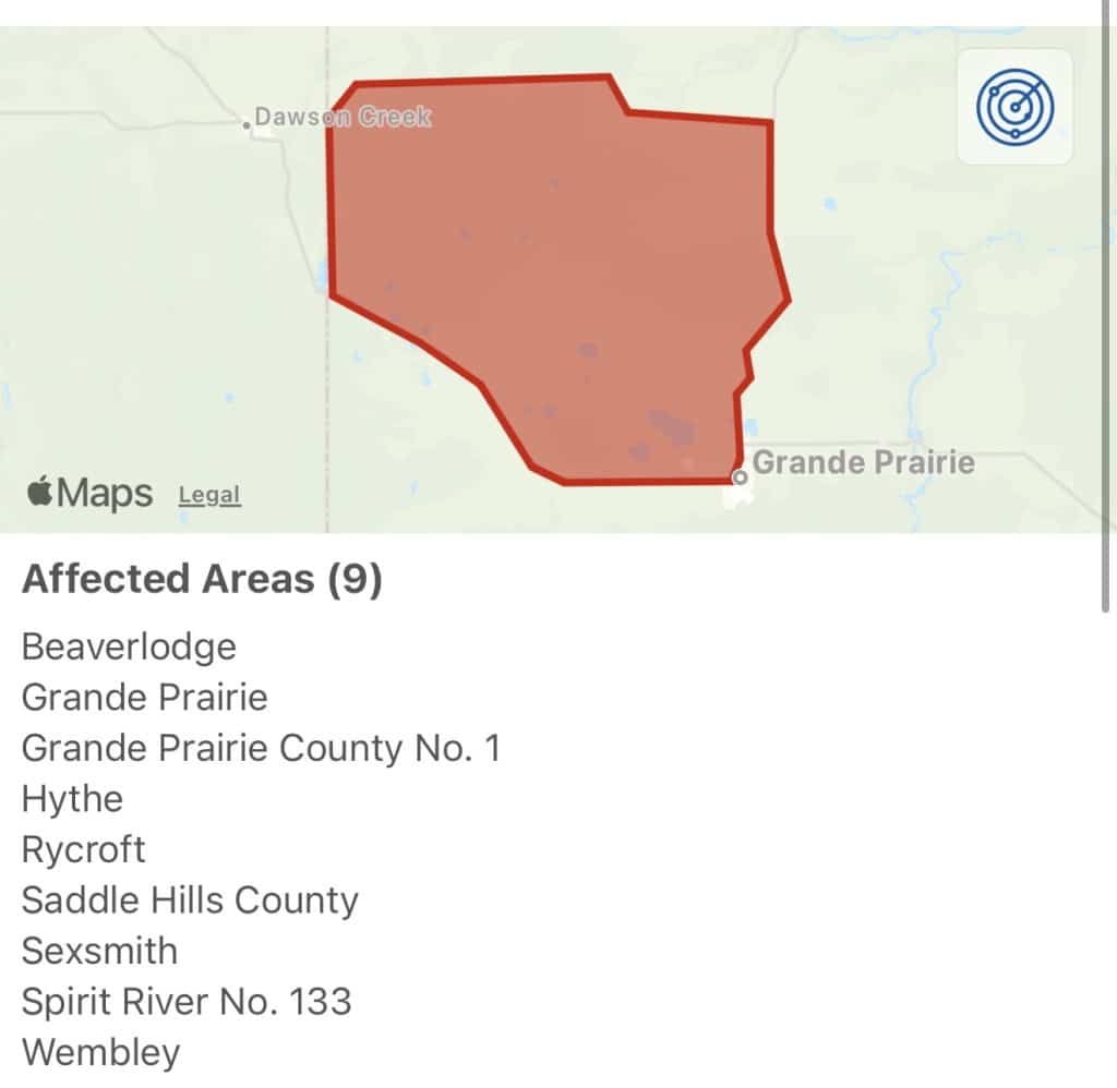 A map showing the boundaries of where the suspect could be in Northwest Alberta.