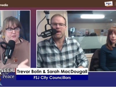 Three people recording a podcast