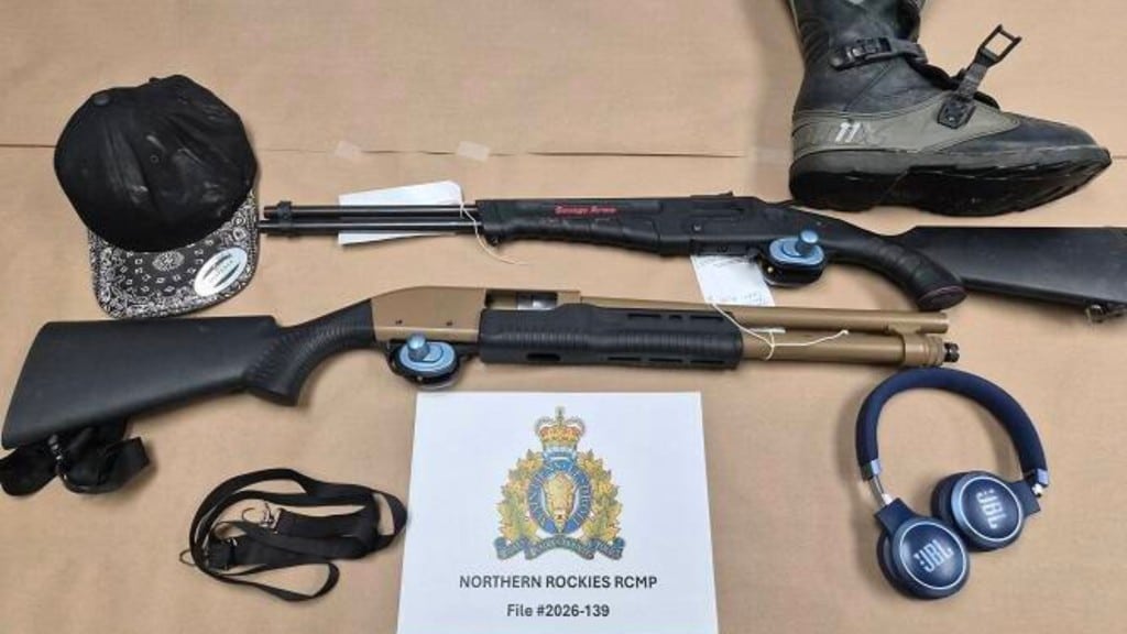 Items recovered from a search conducted by officers after shots were reported to have been fired at a home in Fort Nelson First Nation. (Northern Rockies RCMP)