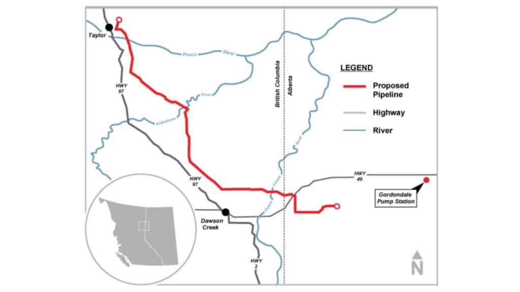 This map shows the  approximately 89 kilometres of 16-inch pipeline from east of Taylor, British Columbia.
