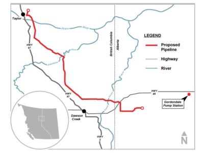 This map shows the approximately 89 kilometres of 16-inch pipeline from east of Taylor, British Columbia.