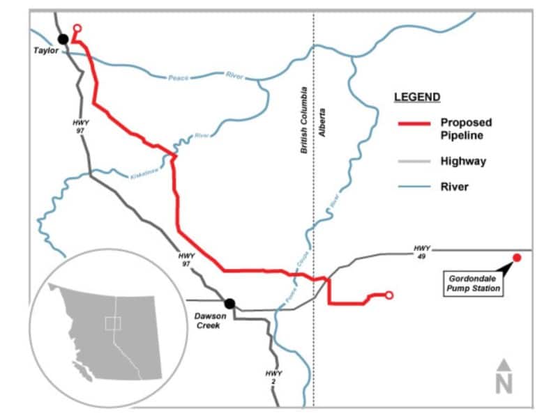 This map shows the approximately 89 kilometres of 16-inch pipeline from east of Taylor, British Columbia.