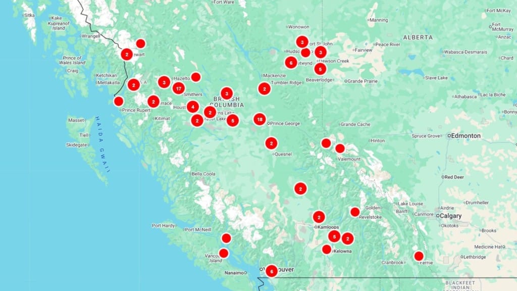BC Hydro's outage map on March 8th at 9:30 a.m.