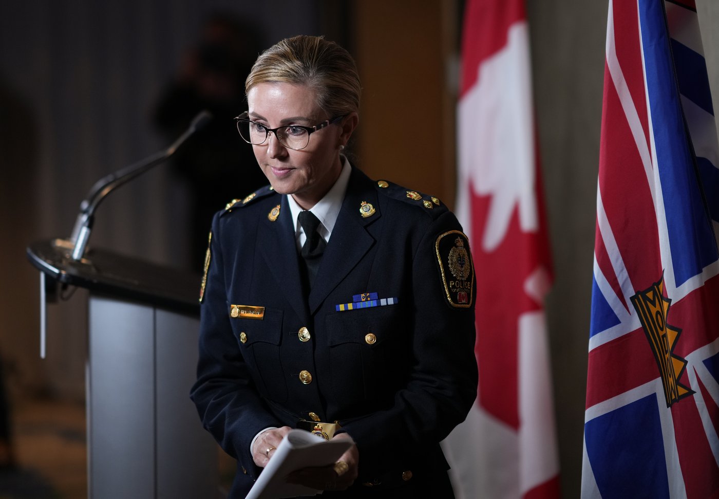 Then Vancouver Police deputy chief Fiona Wilson steps away from the podium after speaking during a news conference in Vancouver, on Monday, Jan. 30, 2023. THE CANADIAN PRESS/Darryl Dyck