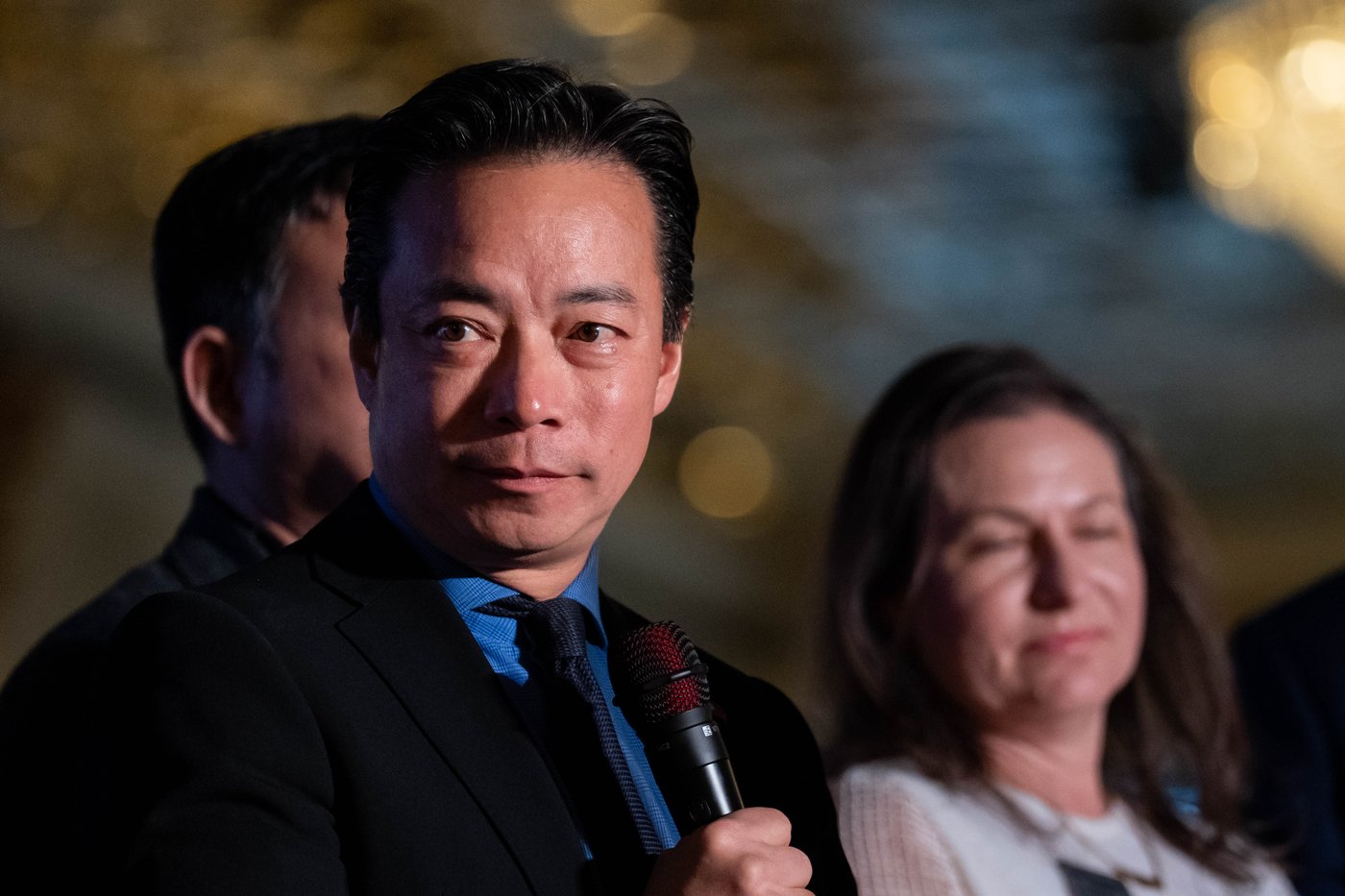 Vancouver Mayor Ken Sim pauses as he speaks during a community dinner of remembrance of the Lapu Lapu day tragedy, in Vancouver, on Sunday, April 12, 2026. THE CANADIAN PRESS/Ethan Cairns