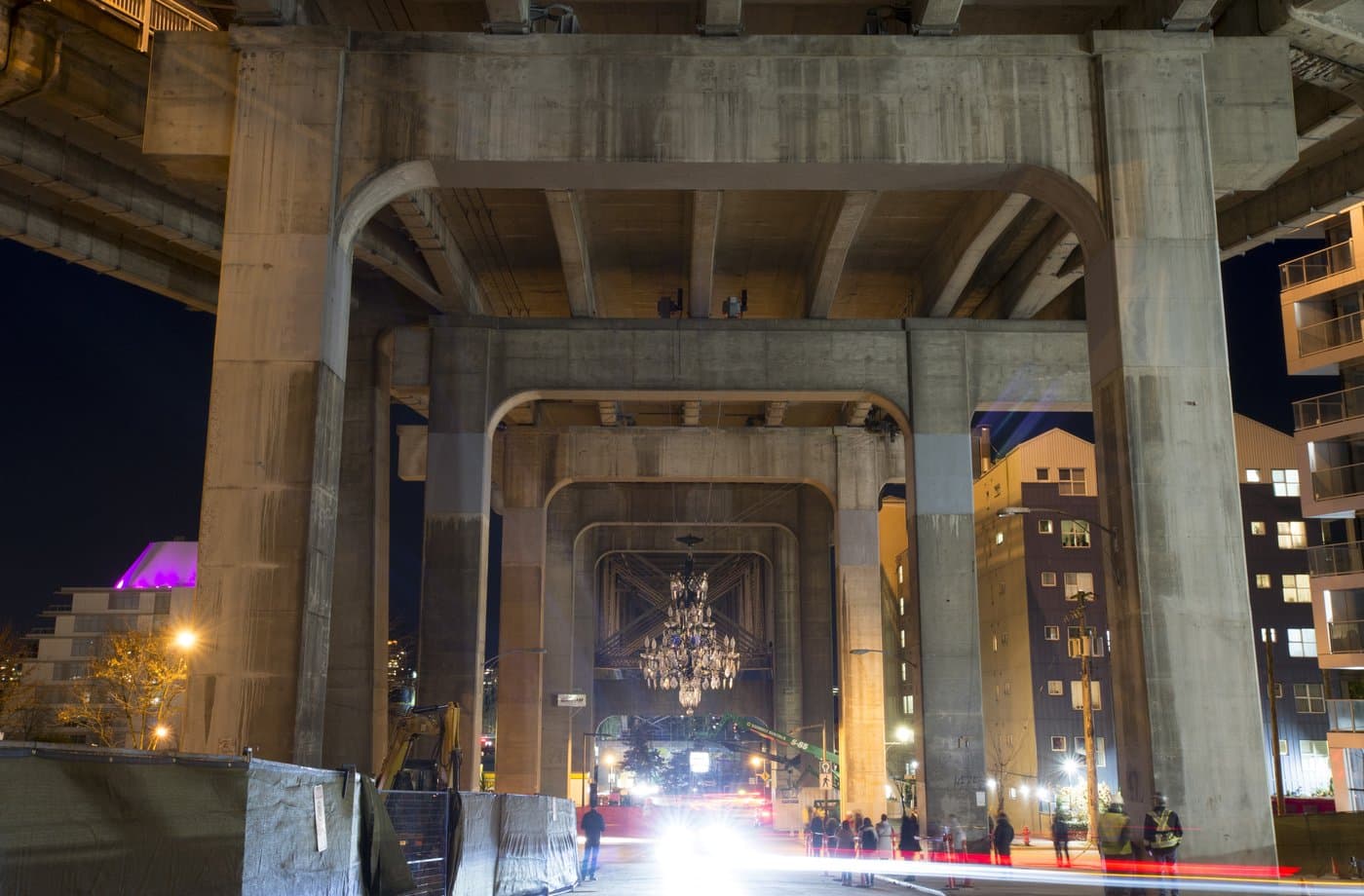 A chandelier is seen under the Granville Street Bridge in downtown Vancouver, B.C., Thursday, November 28, 2019. THE CANADIAN PRESS/Jonathan Hayward