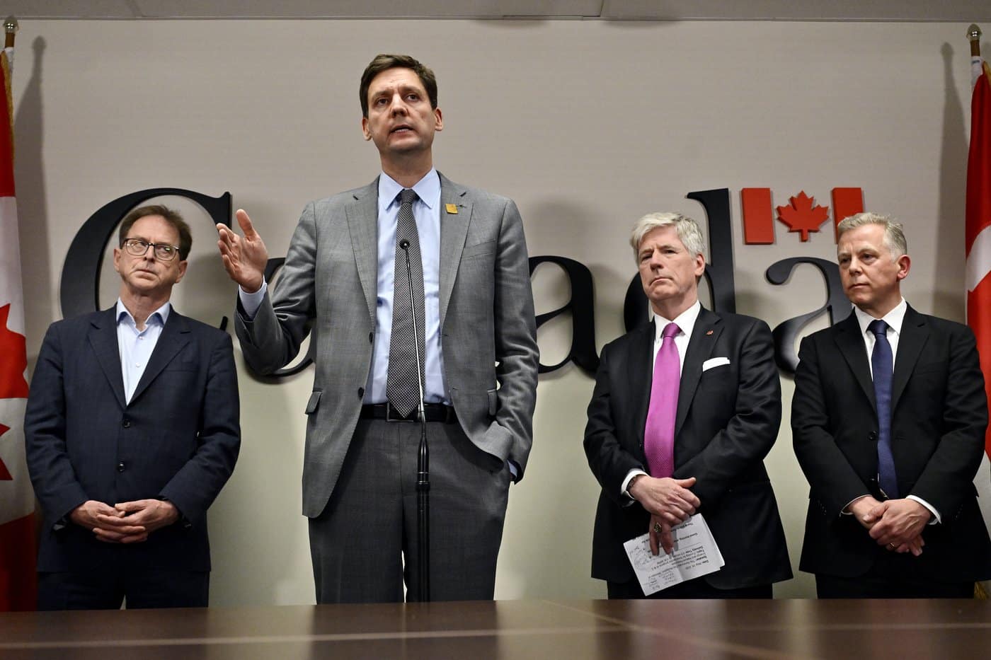 B.C. Premier David Eby, speaks at an announcement regarding liquefied natural gas with B.C. Minister of Energy and Climate Solutions Adrian Dix, left to right, Minister of Energy and Natural Resources of Canada Tim Hodgson, and President and CEO of LNG Canada Chris Cooper in Vancouver on Thursday, May 14, 2026. THE CANADIAN PRESS/Jennifer Gauthier