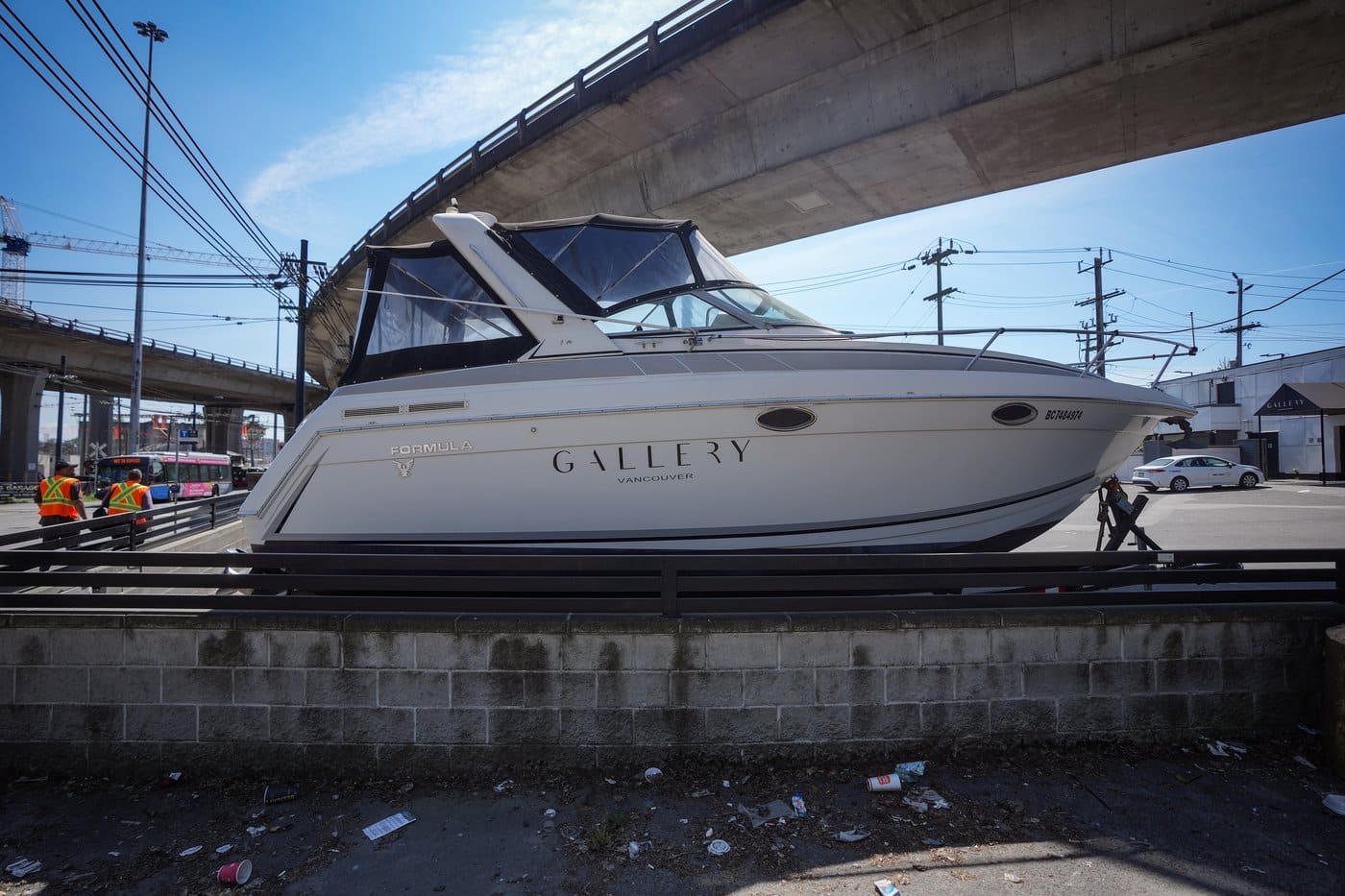 A company branded boat is seen on a trailer in the parking lot at Gallery nightclub, in Vancouver, on Thursday, May 7, 2026. THE CANADIAN PRESS/Darryl Dyck