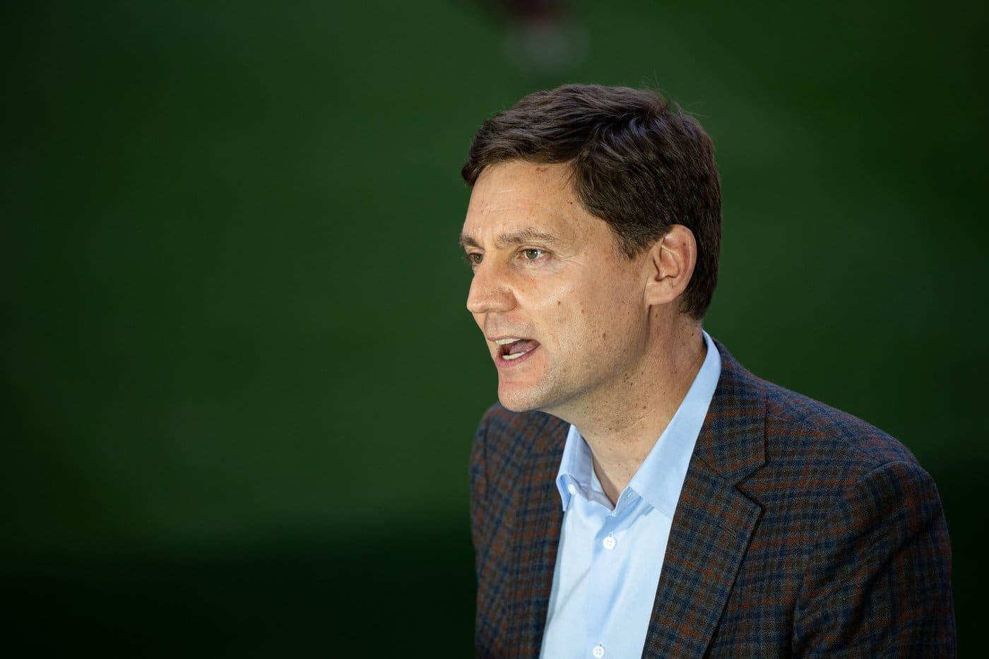 B.C. Premier David Eby speaks during a press conference in front of the pitch for FIFA World Cup in Vancouver, B.C., on Tuesday, May 12, 2026. THE CANADIAN PRESS/Ethan Cairns