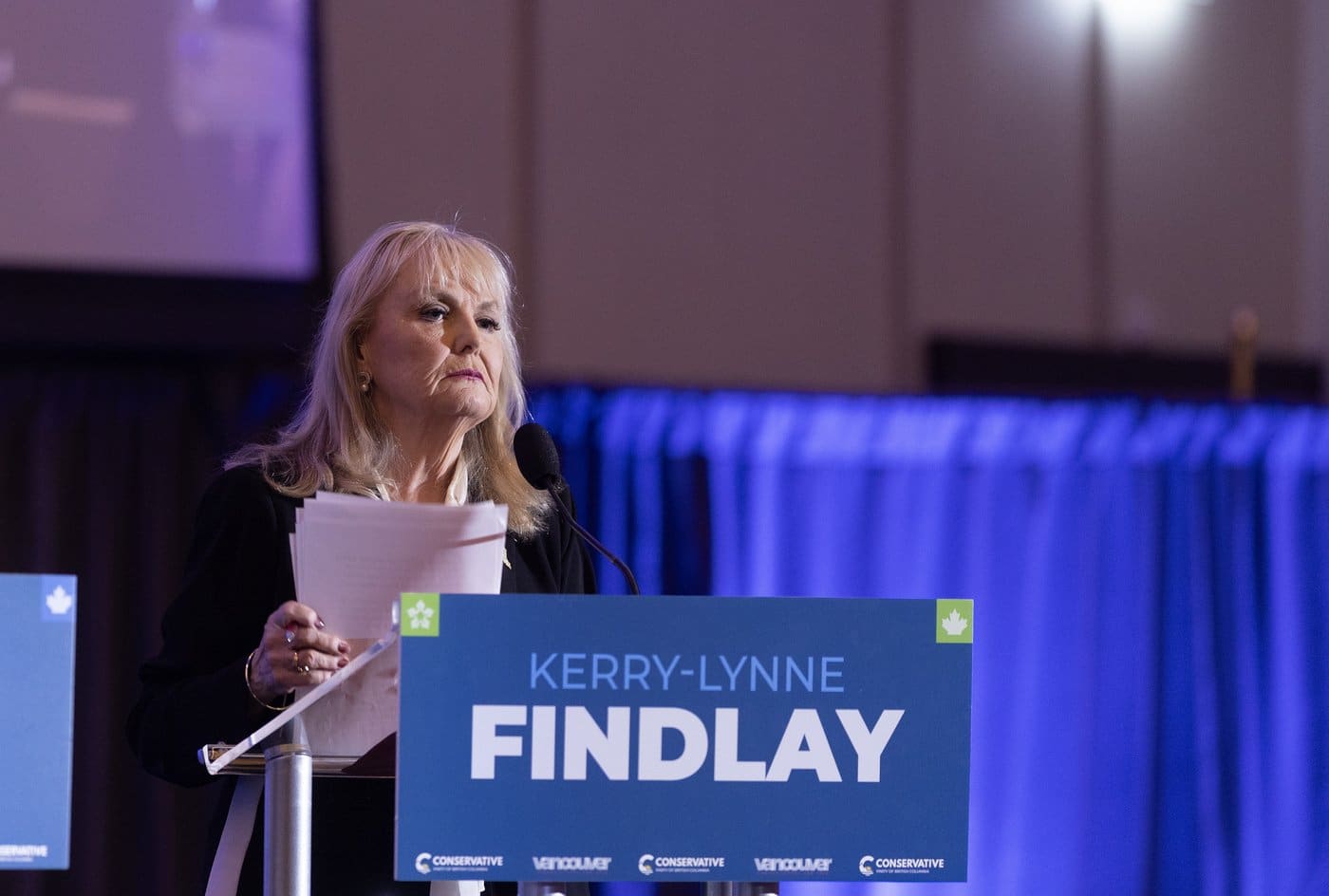 B.C. Conservative leadership candidate Kerry-Lynne Findlay looks on during a debate at the Canada Strong and Free Network conference in Vancouver on Friday, April 24, 2026. THE CANADIAN PRESS/Chad Hipolito